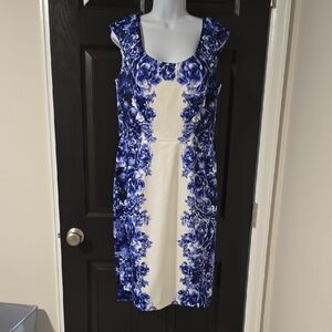 White House Black Market Blue and White Floral Midi Sheath Dress